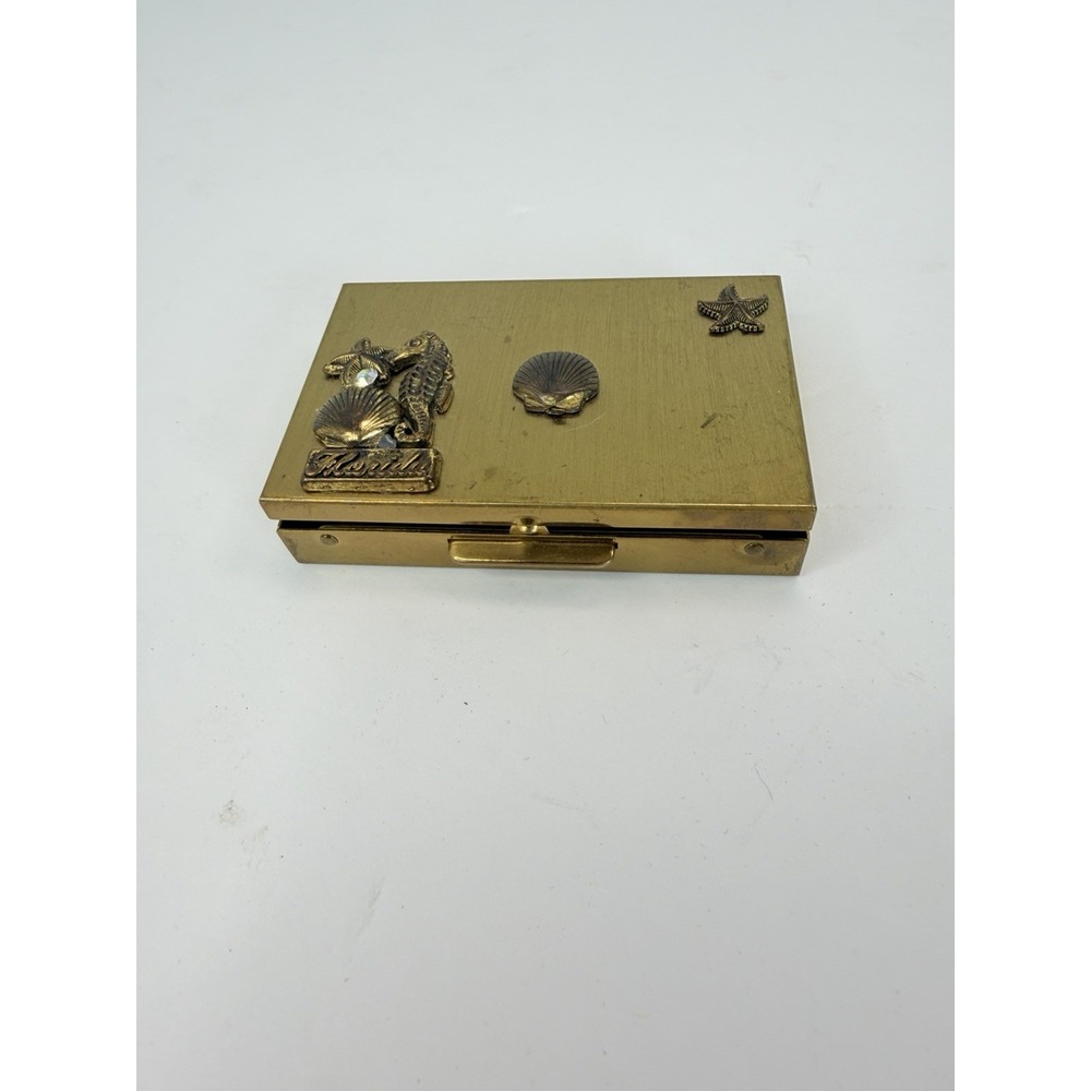 Small Brass Hinged Pill Box w/ Clasp Florida Nautical Design Decorative Case